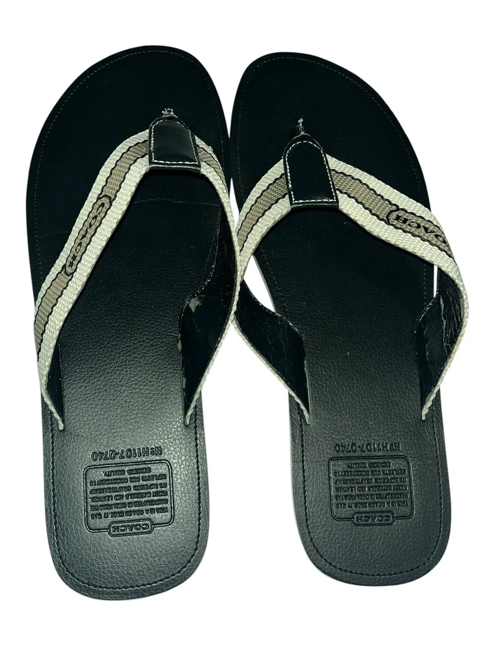 Coach Men's Black Flip Flops with khaki and black Stripe Webbing